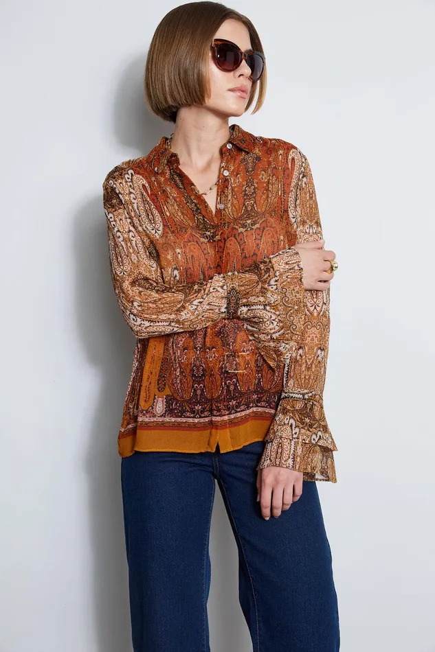 Elie Tahari Silk Crinkle Chiffon Raj Paisley Shirt Multi Women Tops