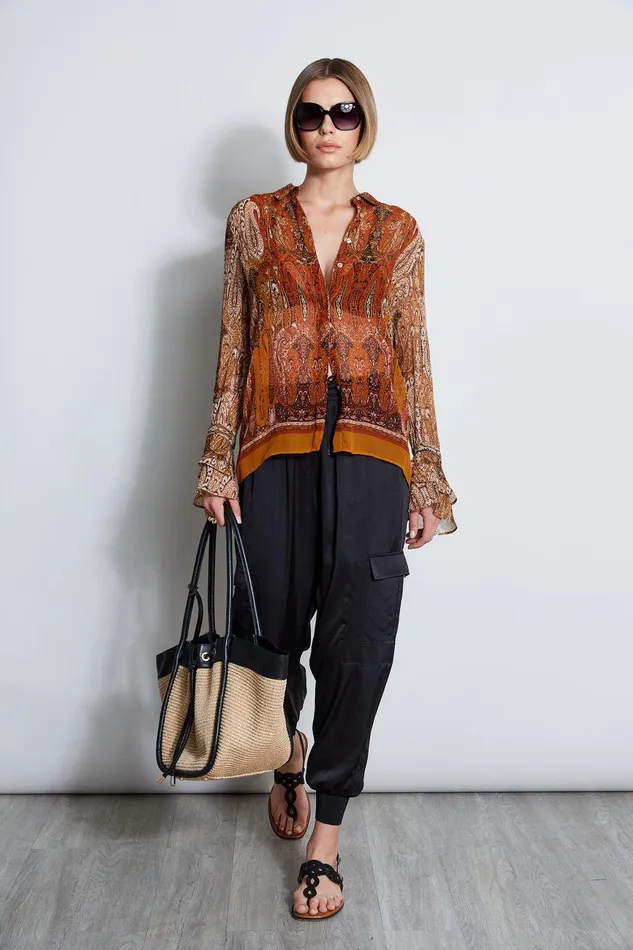 Elie Tahari Silk Crinkle Chiffon Raj Paisley Shirt Multi Women Tops