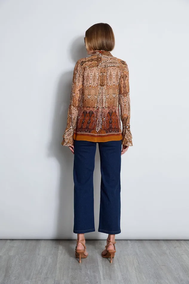 Elie Tahari Silk Crinkle Chiffon Raj Paisley Shirt Multi Women Tops