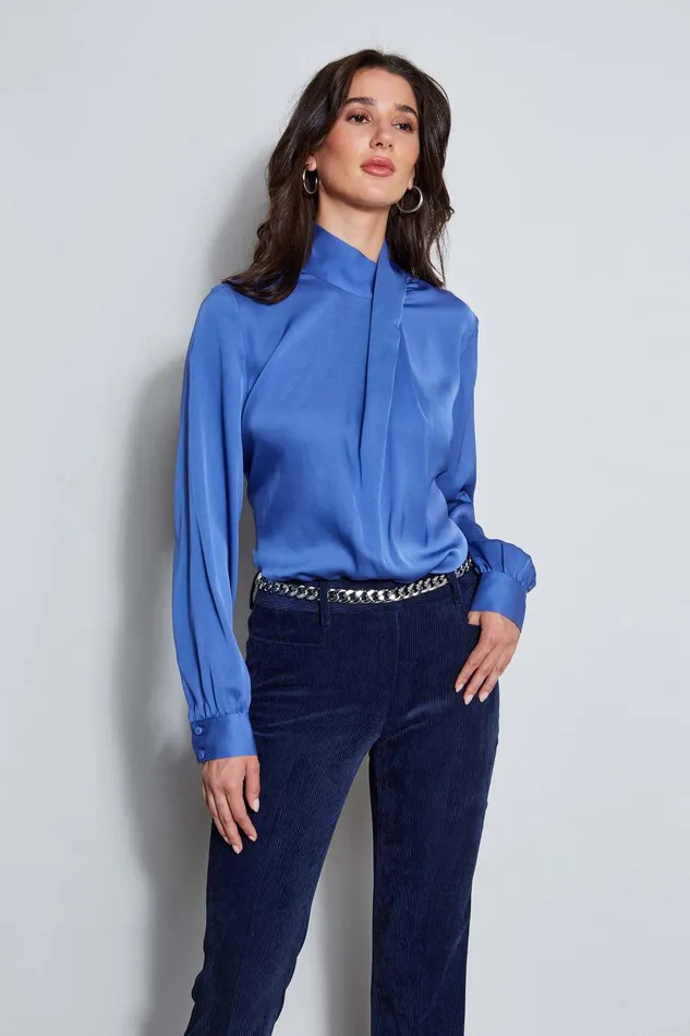 Elie Tahari Silk Draped Neck Shirt Paris Blue Women Tops