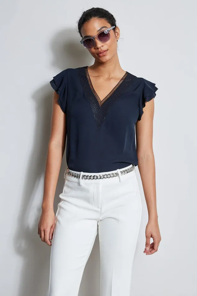 Elie Tahari Silk Flutter Sleeve Embroidered Shirt Stargazer Women Tops