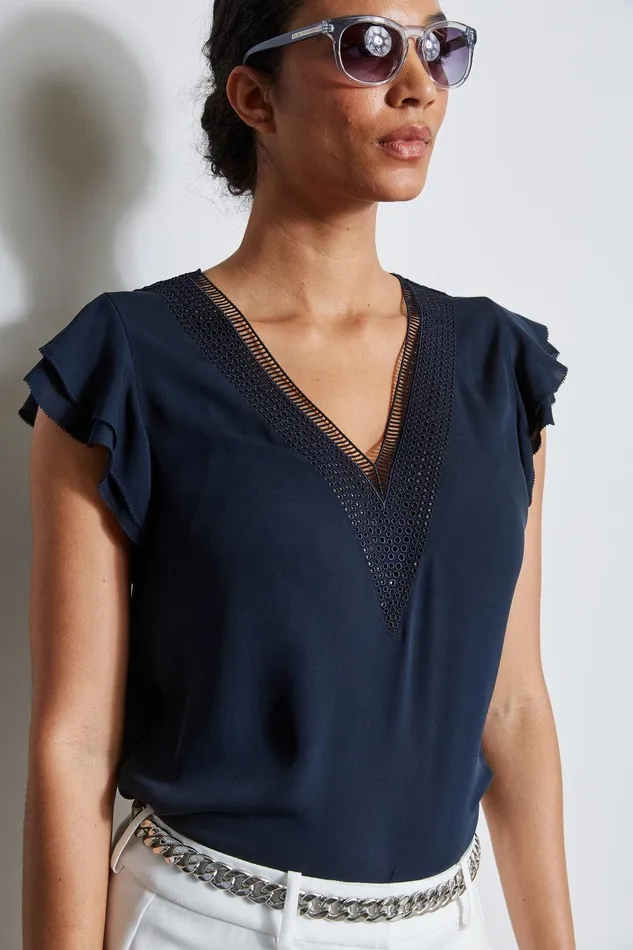 Elie Tahari Silk Flutter Sleeve Embroidered Shirt Stargazer Women Tops