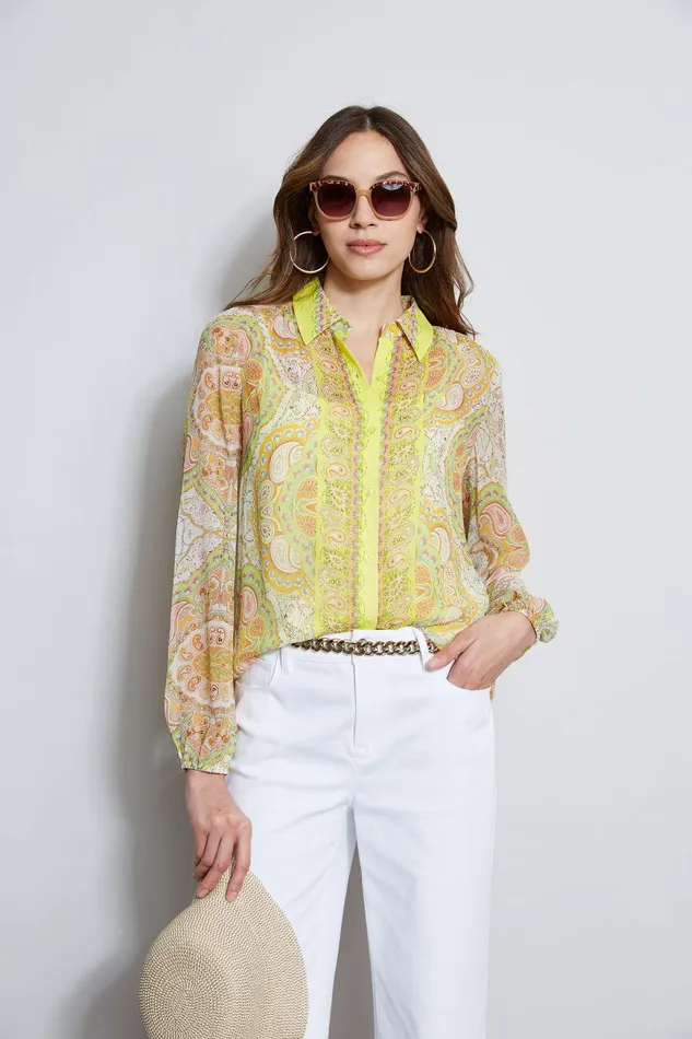 Elie Tahari Silk Mosaic Tile Button Down Shirt Multi Women Tops