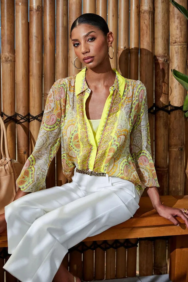 Elie Tahari Silk Mosaic Tile Button Down Shirt Multi Women Tops