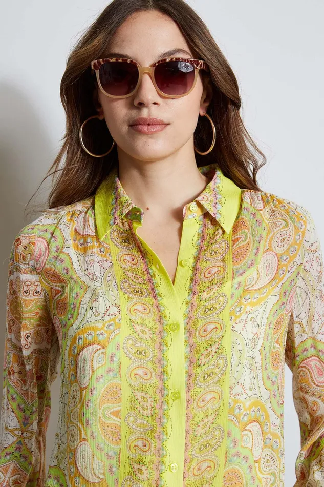 Elie Tahari Silk Mosaic Tile Button Down Shirt Multi Women Tops