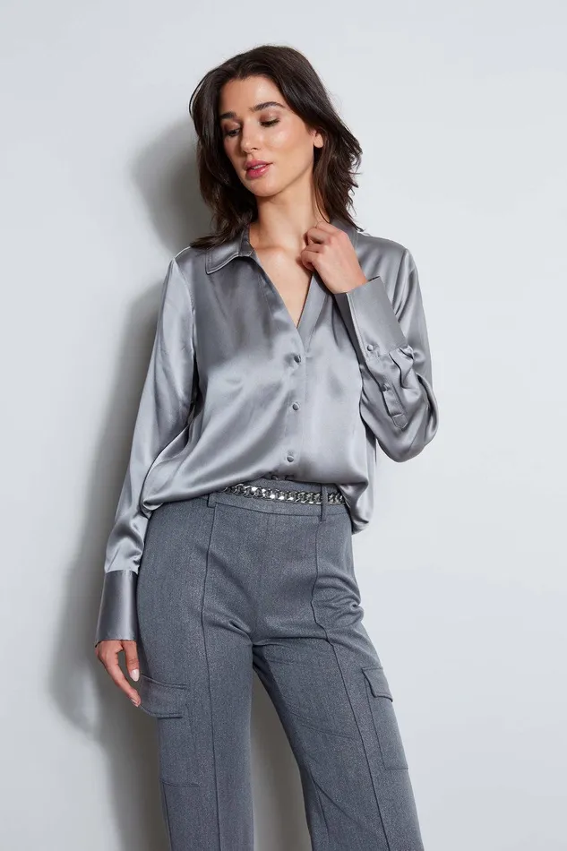 Elie Tahari Silk Satin Button Down Shirt Comet Women Tops