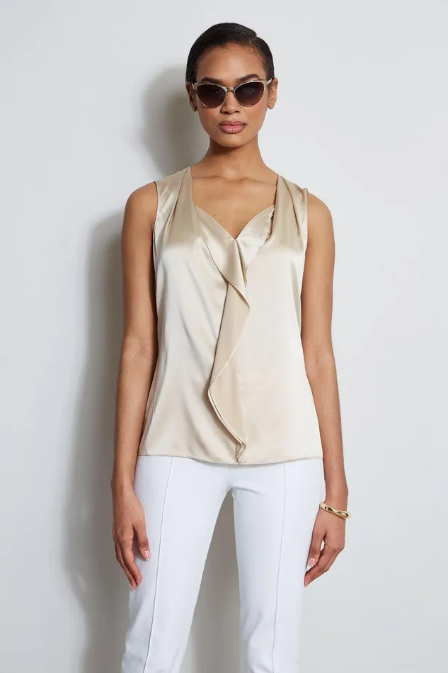 Elie Tahari Silk Satin Sleeveless Cascade Shirt Driftwood Women Tops