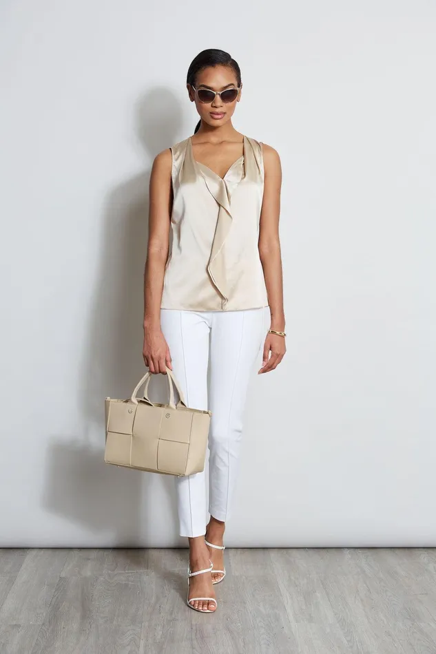 Elie Tahari Silk Satin Sleeveless Cascade Shirt Driftwood Women Tops