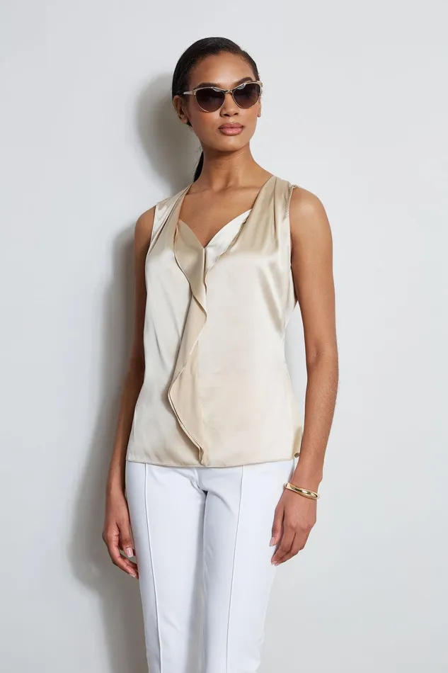 Elie Tahari Silk Satin Sleeveless Cascade Shirt Driftwood Women Tops