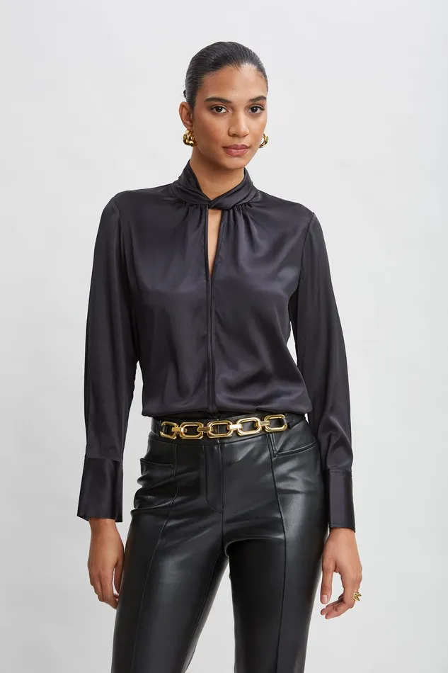 Elie Tahari Silk Twist Neck Shirt Black Women Suiting