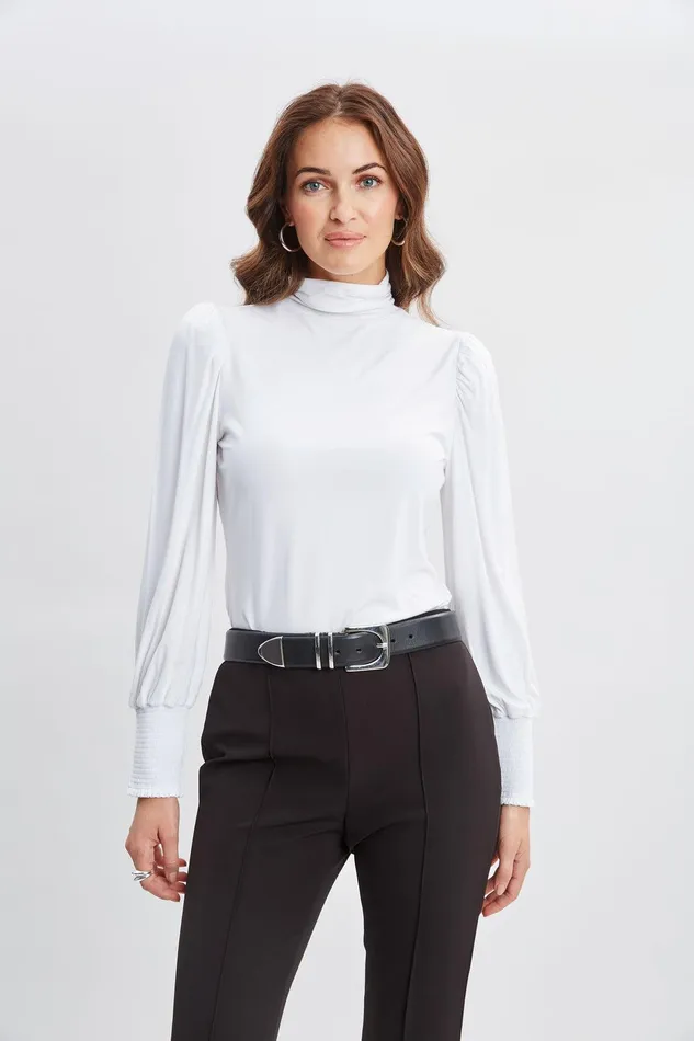 Elie Tahari Smocked Turtleneck Knit White Women Tops