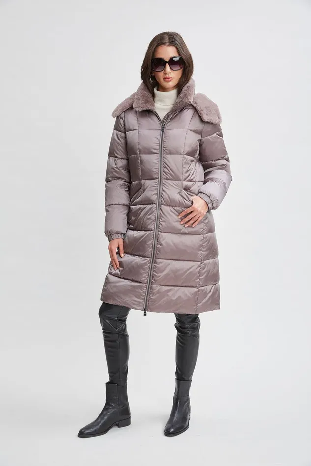 Elie Tahari Tahari Faux Fur Trimmed Puffer Coat Pewter Women Coats