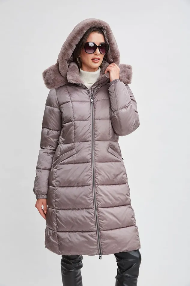 Elie Tahari Tahari Faux Fur Trimmed Puffer Coat Pewter Women Coats