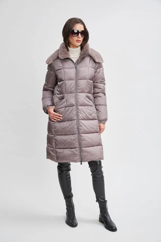 Elie Tahari Tahari Faux Fur Trimmed Puffer Coat Pewter Women Coats