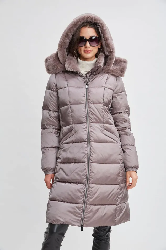 Elie Tahari Tahari Faux Fur Trimmed Puffer Coat Pewter Women Coats