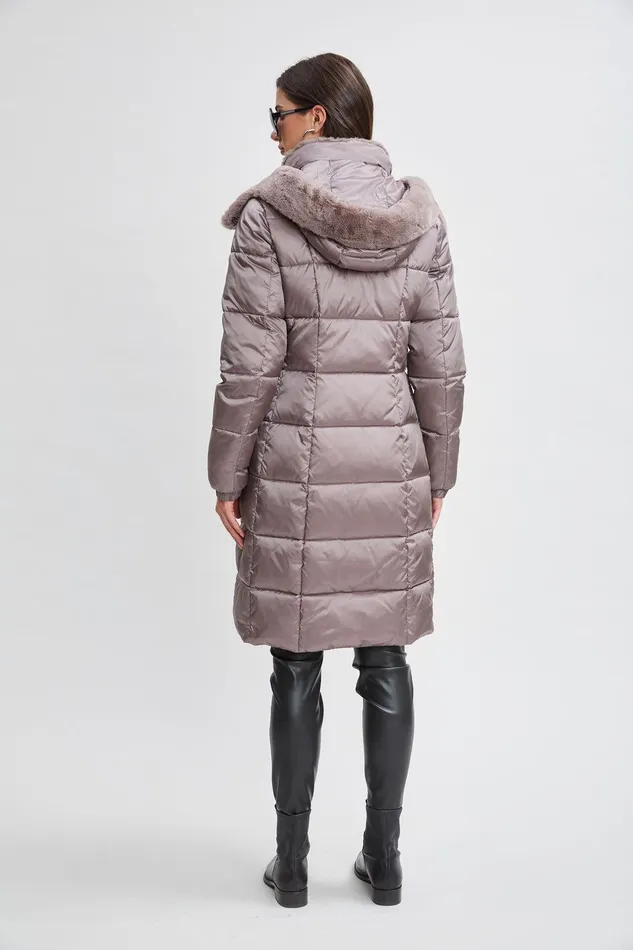 Elie Tahari Tahari Faux Fur Trimmed Puffer Coat Pewter Women Coats