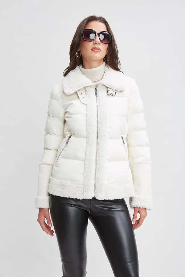 Elie Tahari Tahari Faux Shearling Puffer Coat Cream Women Coats