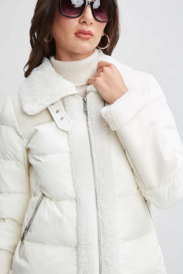 Elie Tahari Tahari Faux Shearling Puffer Coat Cream Women Coats