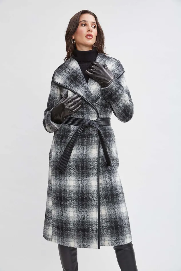 Elie Tahari Tahari Plaid Vegan Trim Wrap Coat Black White Women Coats