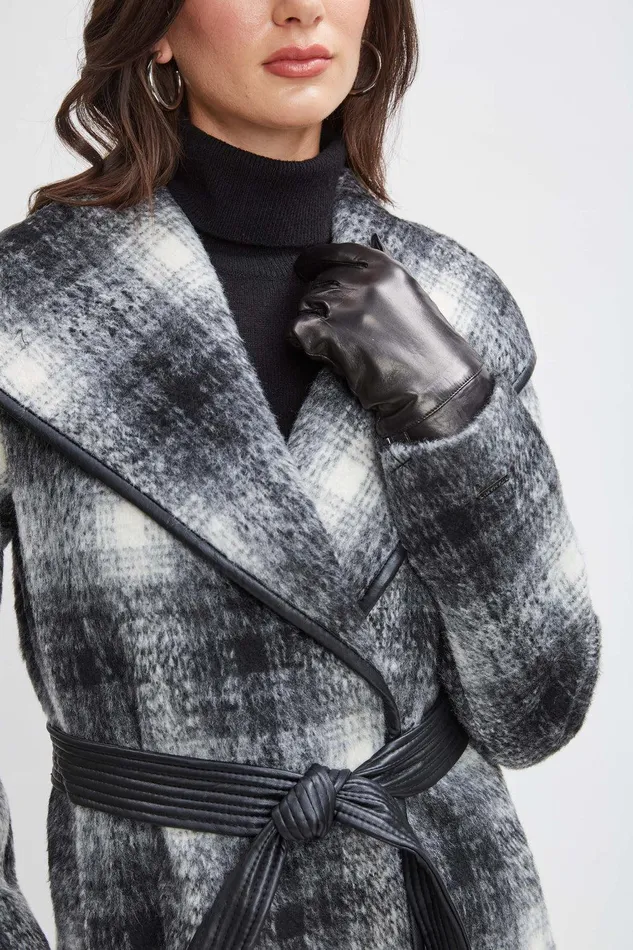 Elie Tahari Tahari Plaid Vegan Trim Wrap Coat Black White Women Coats