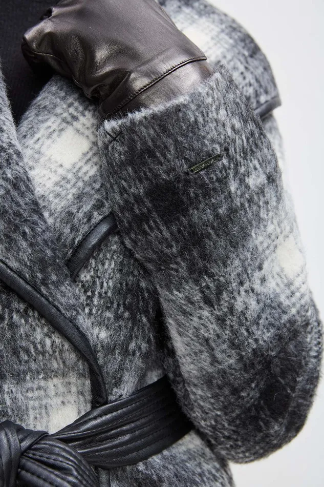 Elie Tahari Tahari Plaid Vegan Trim Wrap Coat Black White Women Coats