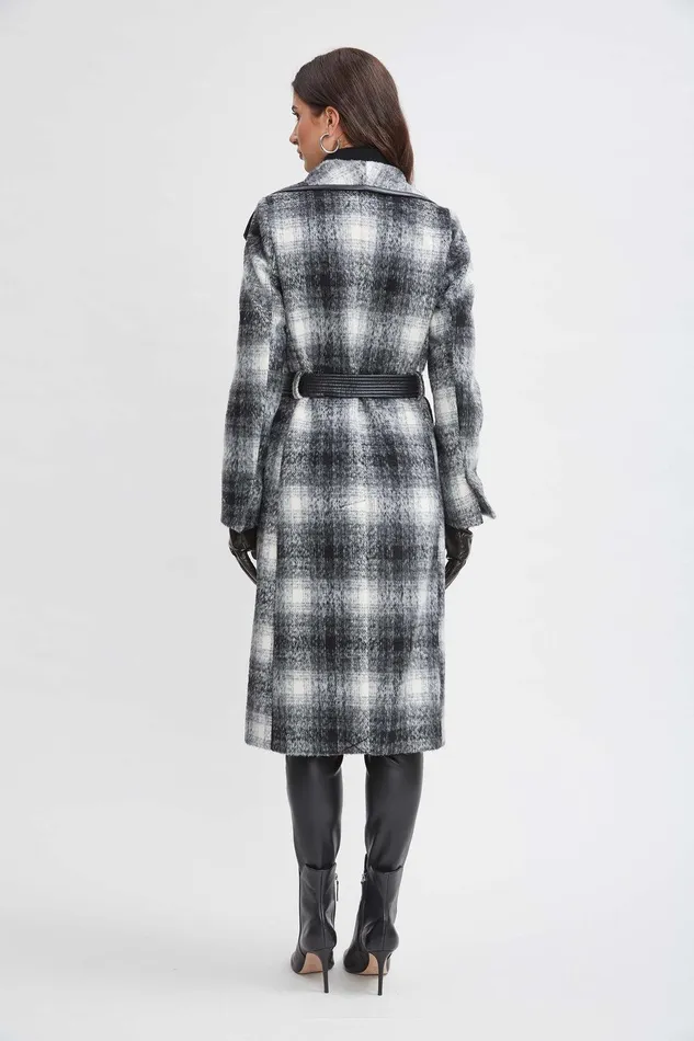Elie Tahari Tahari Plaid Vegan Trim Wrap Coat Black White Women Coats