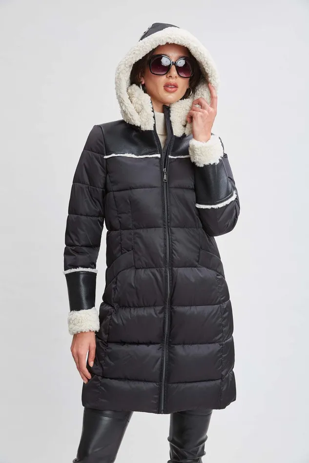 Elie Tahari Tahari Shearling Trim Puffer Coat Black Women Coats