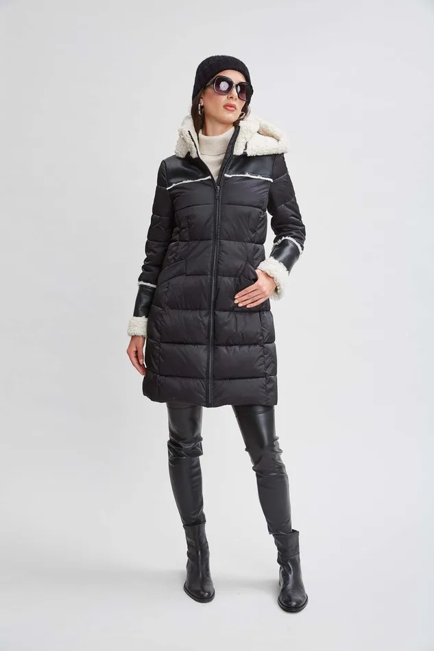 Elie Tahari Tahari Shearling Trim Puffer Coat Black Women Coats