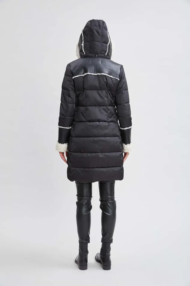 Elie Tahari Tahari Shearling Trim Puffer Coat Black Women Coats