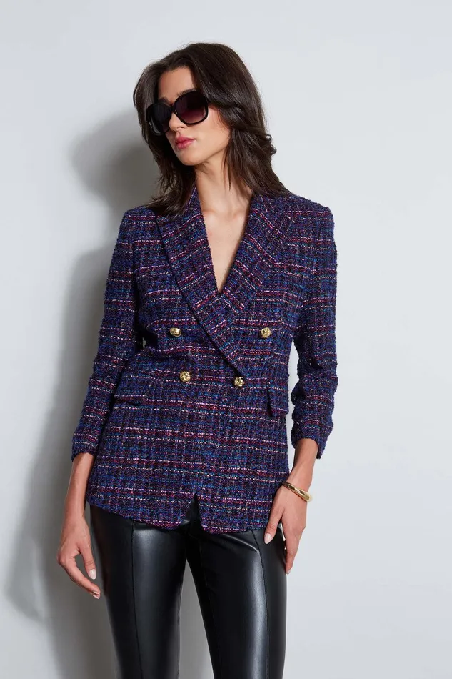 Elie Tahari Tweed Ruched Sleeve Double Breasted Blazer Multi Women Jackets and Blazers