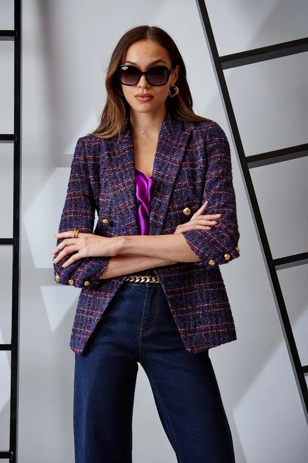 Elie Tahari Tweed Ruched Sleeve Double Breasted Blazer Multi Women Jackets and Blazers