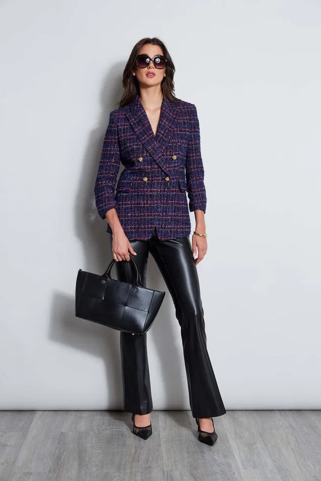 Elie Tahari Tweed Ruched Sleeve Double Breasted Blazer Multi Women Jackets and Blazers