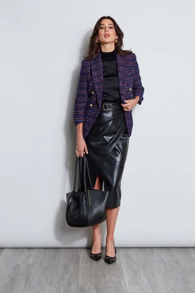 Elie Tahari Tweed Ruched Sleeve Double Breasted Blazer Multi Women Jackets and Blazers