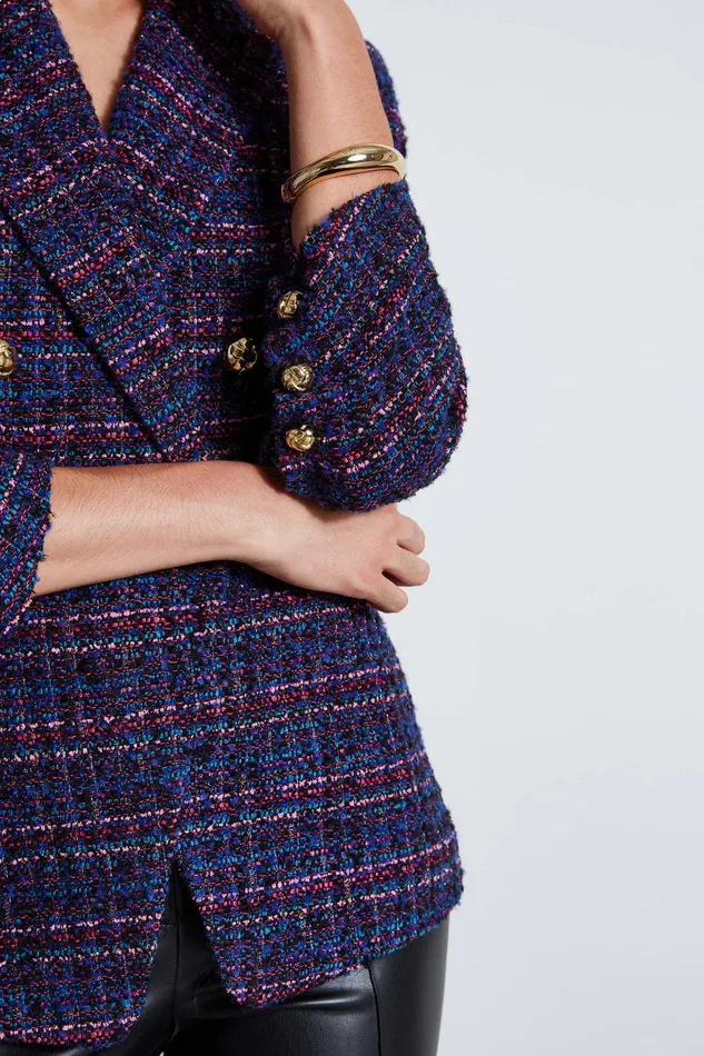 Elie Tahari Tweed Ruched Sleeve Double Breasted Blazer Multi Women Jackets and Blazers