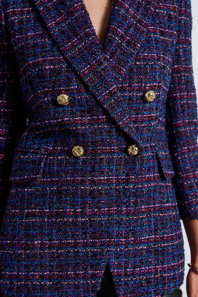 Elie Tahari Tweed Ruched Sleeve Double Breasted Blazer Multi Women Jackets and Blazers