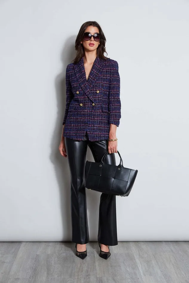 Elie Tahari Tweed Ruched Sleeve Double Breasted Blazer Multi Women Jackets and Blazers