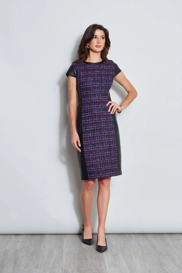 Elie Tahari Tweed Vegan Leather Panel Dress Multi Women Dresses and Jumpsuits