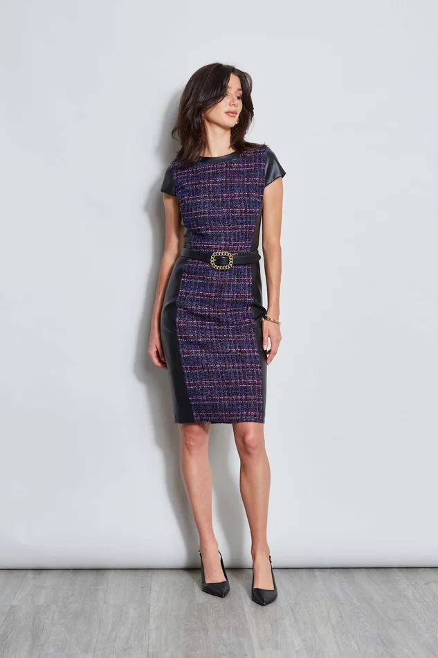 Elie Tahari Tweed Vegan Leather Panel Dress Multi Women Dresses and Jumpsuits