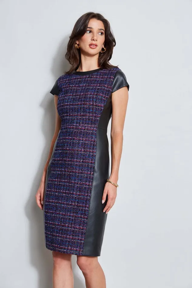Elie Tahari Tweed Vegan Leather Panel Dress Multi Women Dresses and Jumpsuits