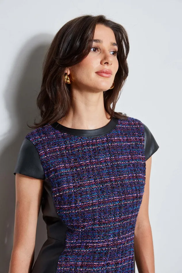 Elie Tahari Tweed Vegan Leather Panel Dress Multi Women Dresses and Jumpsuits