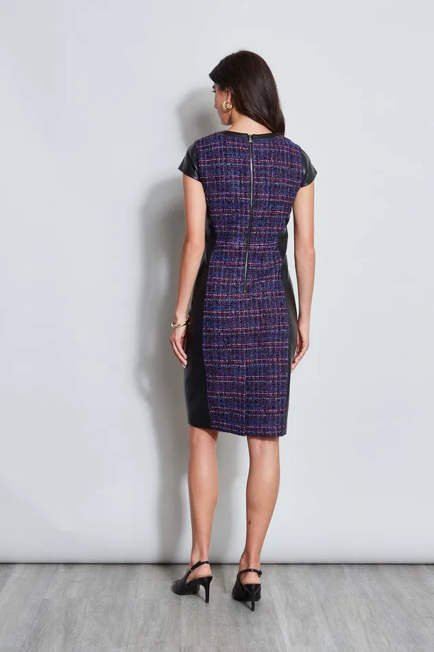 Elie Tahari Tweed Vegan Leather Panel Dress Multi Women Dresses and Jumpsuits