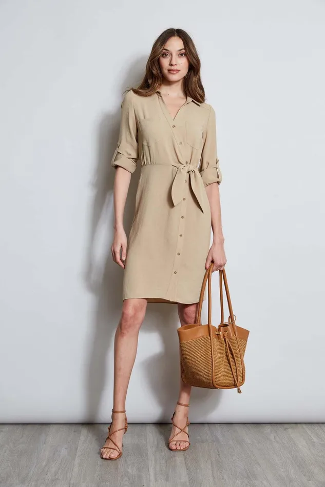 Elie Tahari Utility Tie Shirt Dress Sandcastle Women Dresses and Jumpsuits