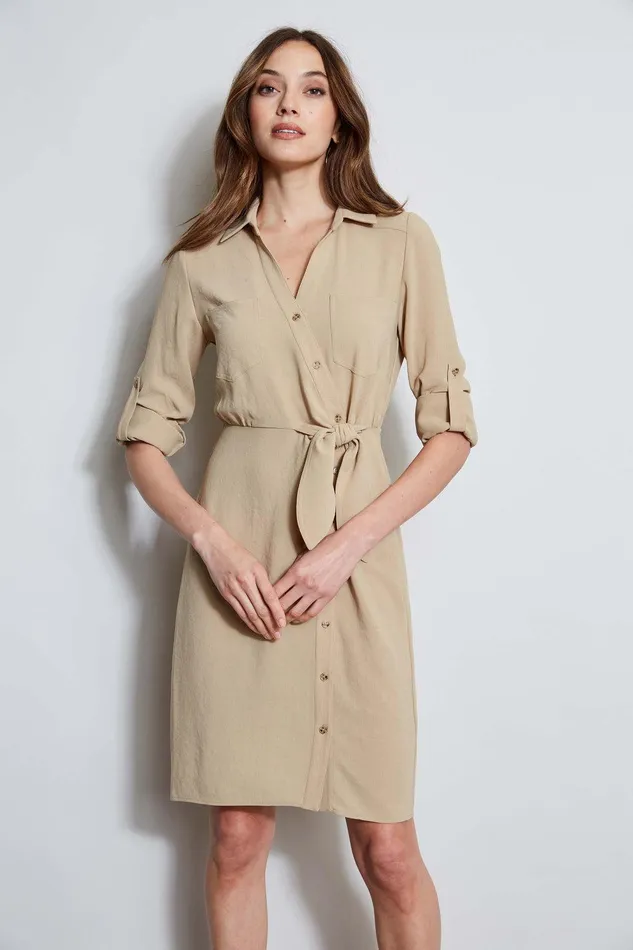 Elie Tahari Utility Tie Shirt Dress Sandcastle Women Dresses and Jumpsuits