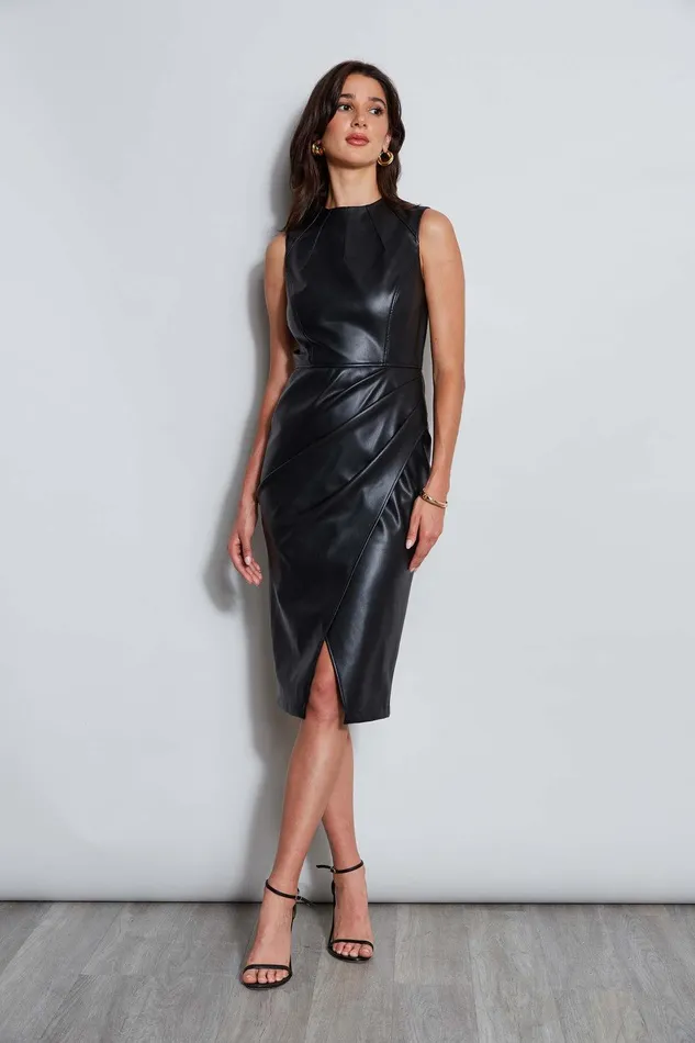 Elie Tahari Vegan Leather Dart Wrap Dress Black Women Dresses and Jumpsuits