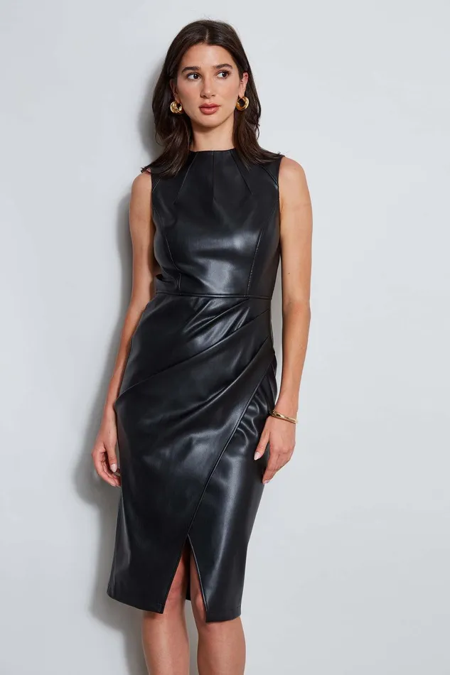 Elie Tahari Vegan Leather Dart Wrap Dress Black Women Dresses and Jumpsuits