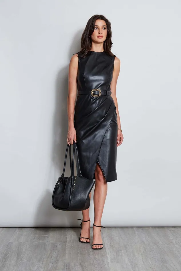Elie Tahari Vegan Leather Dart Wrap Dress Black Women Dresses and Jumpsuits