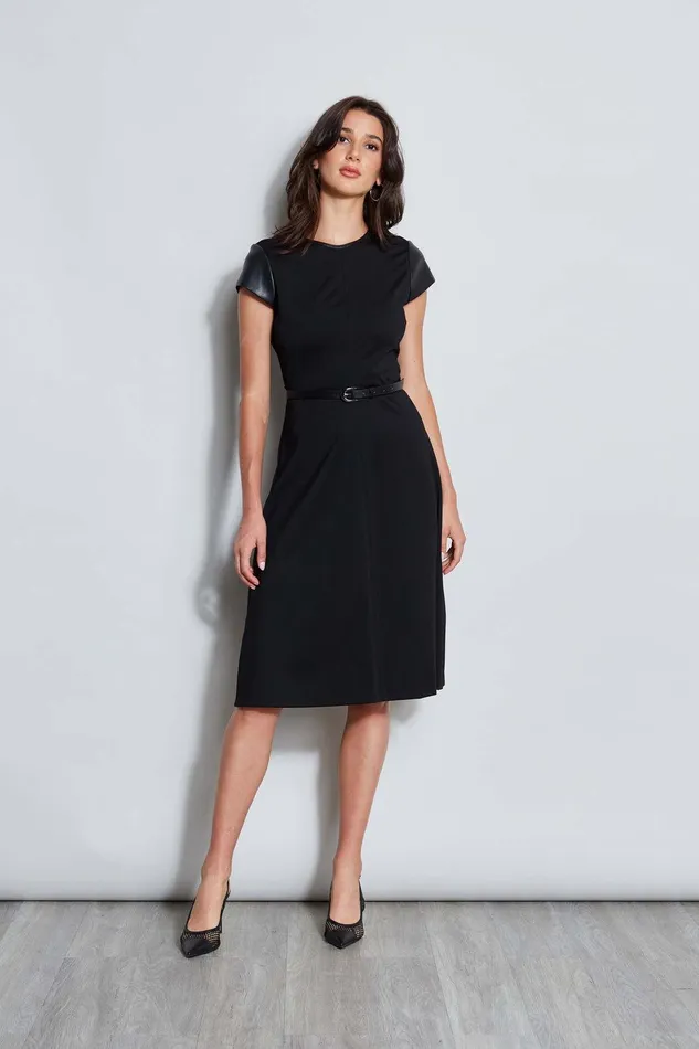 Elie Tahari Vegan Leather Short Sleeve Belted Knit Dress Black Women Suiting