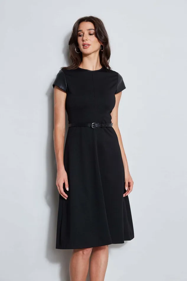 Elie Tahari Vegan Leather Short Sleeve Belted Knit Dress Black Women Suiting