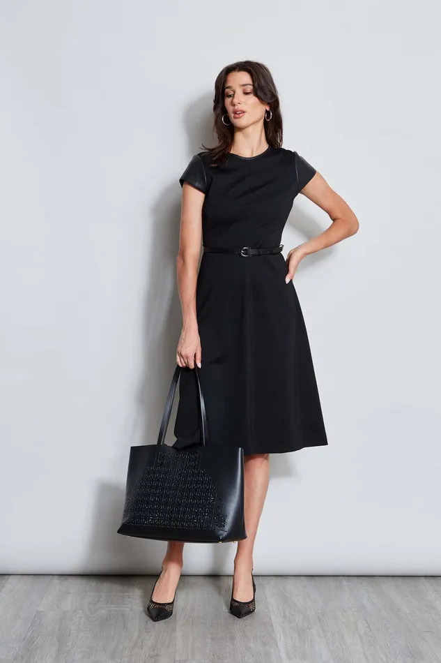 Elie Tahari Vegan Leather Short Sleeve Belted Knit Dress Black Women Suiting