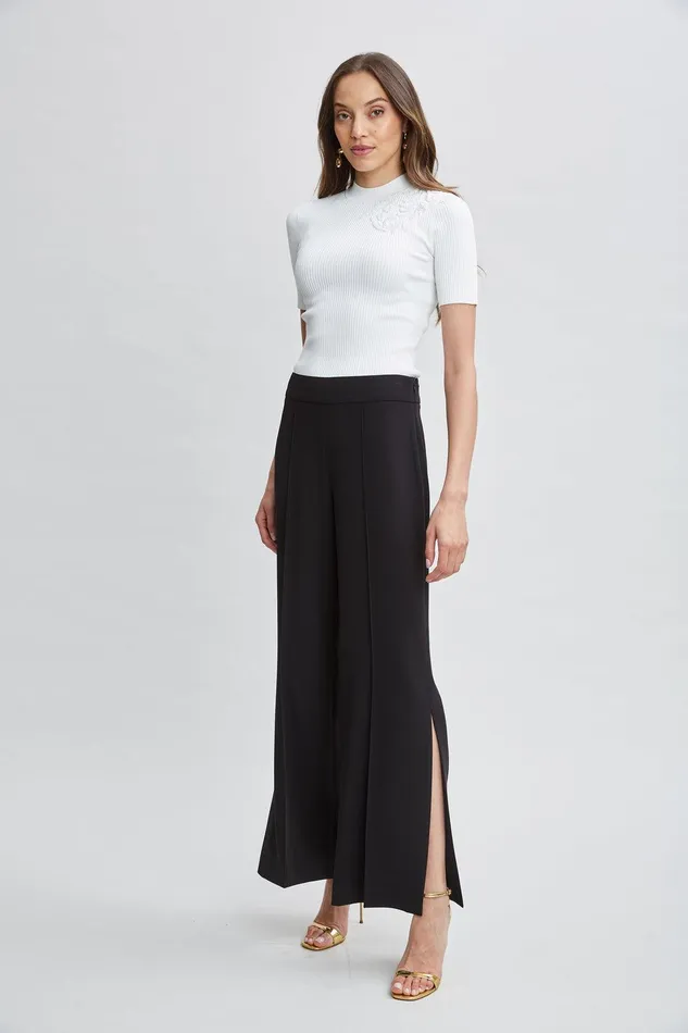 Elie Tahari Wide Leg Slit Pant Noir Women Bottoms